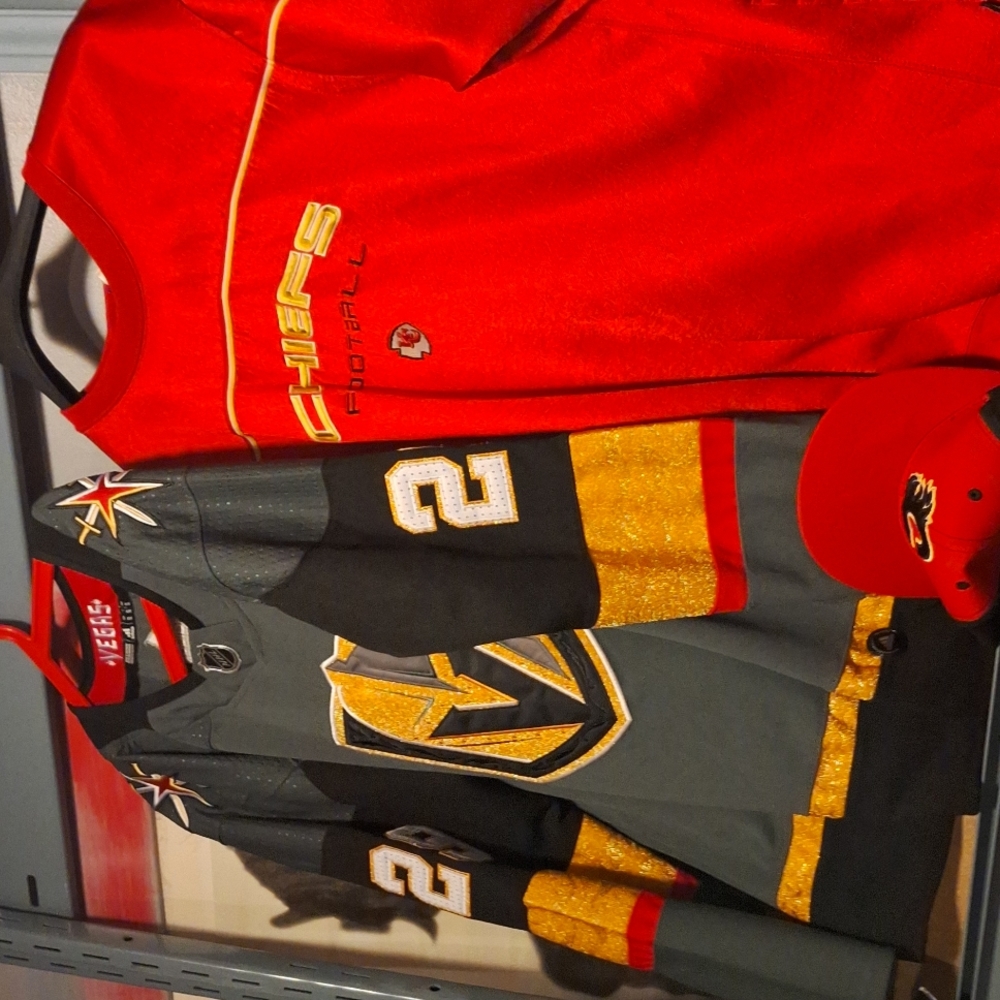Vegas knight jerseys ..still has tags.  Cheifs sweatshirt barely worn and a CALG